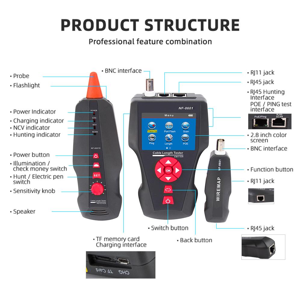 Noyafa NF-8601 Network Cable Tester Ethernet Cable Tracker with PoE/PING Function Measure Length Wiremap Tester