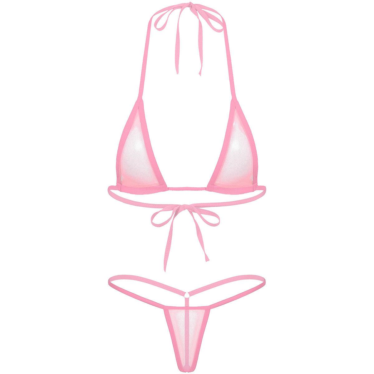 

Жіночий роздільний купальник бікіні трикутної форми з ліфом халтер на шнурівці та стрінгами Т-подібної форми рожевий