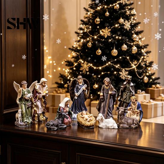 Manger Scene Accessories 11 Pcs Christmas Nativity Set, Resin Mini Figurines Tabletop Decor, Decorations Holy Family Angel Shepherd Animals