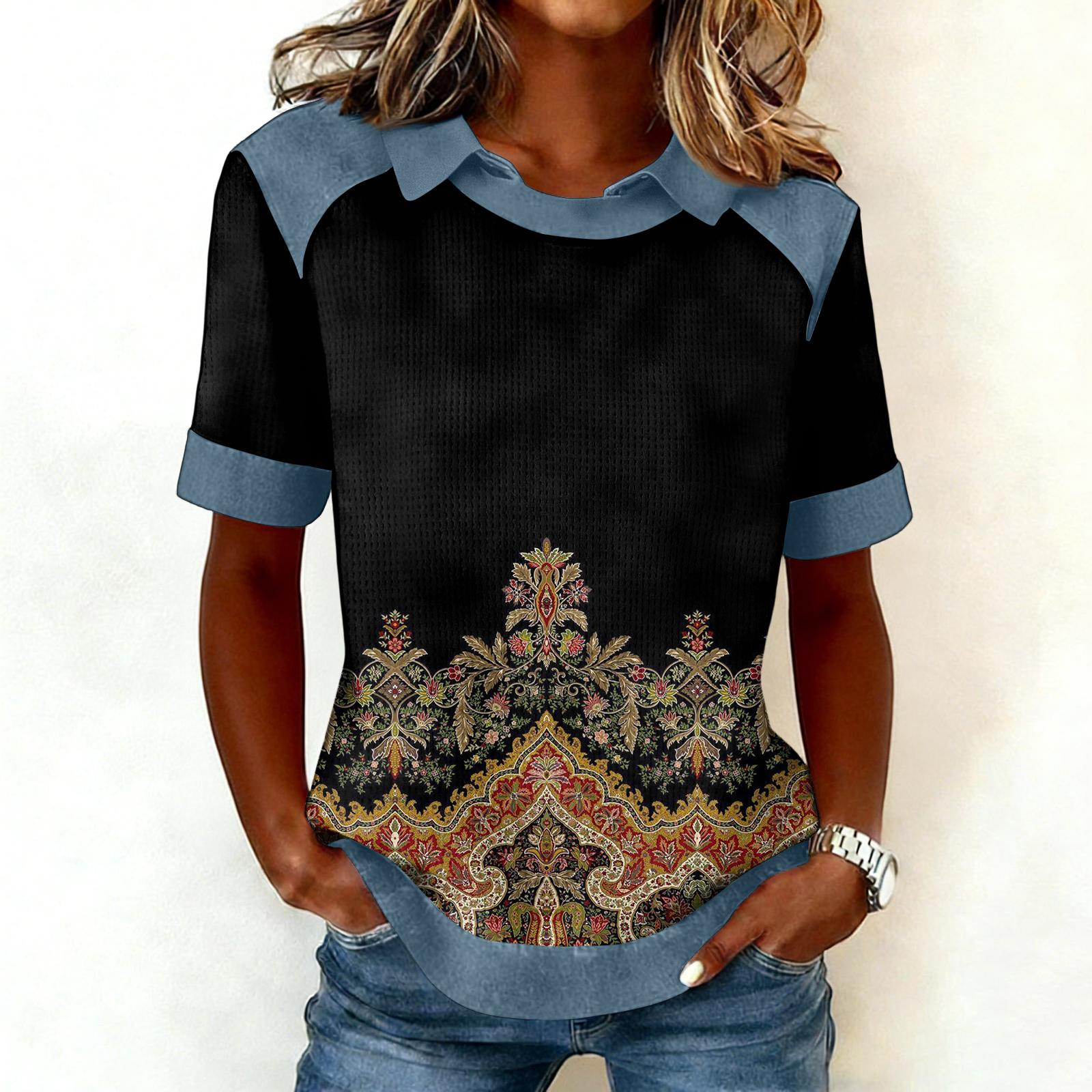 

Women s Fashion Collar Cowboy Splicing Sweatshirt Casual Printed Hoodie Short Sleeve Shirt Top XL жовтий