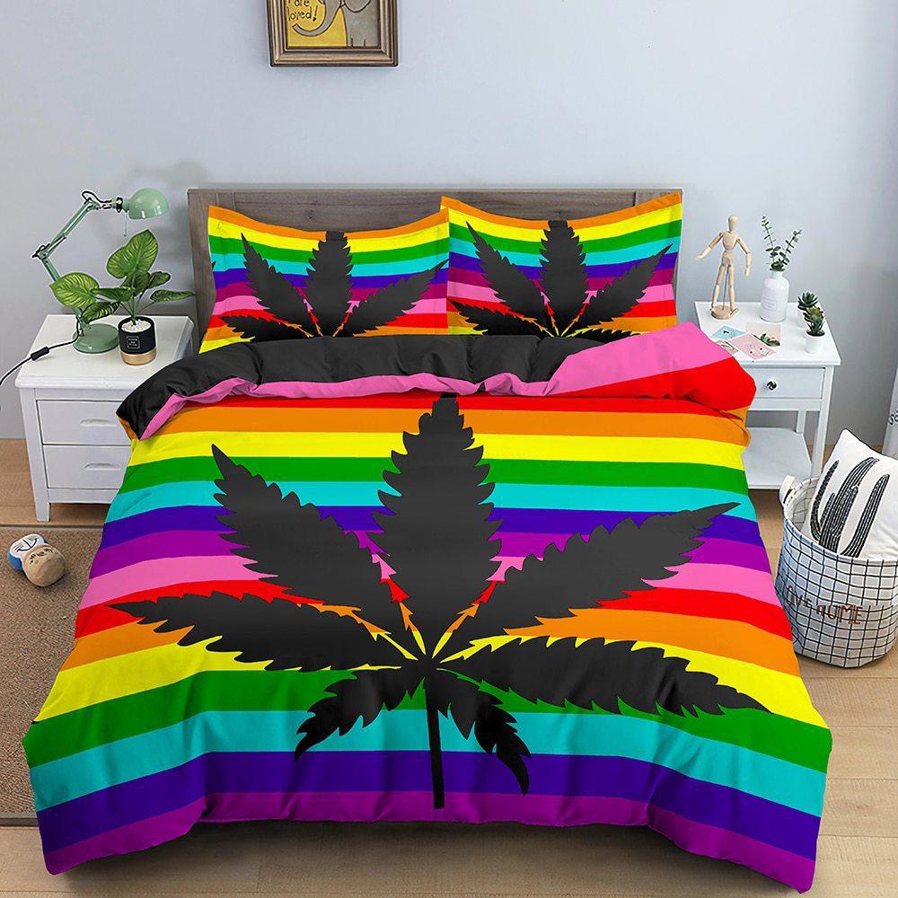 3D Digital Printing Bedding Colorful Leaf Quilt Cover Three-Piece Home Textile Model