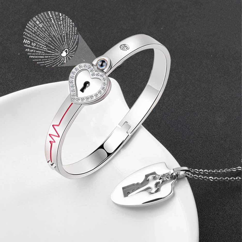 Couple Stainless Steel Bracelet Love Heart Lock Key Pendant Necklace For Women Men Valentine Gift Jewelry