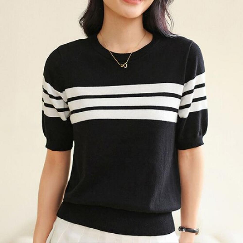 Navava Women Line Point Round Neck Short Sleeve Knit Nk2007