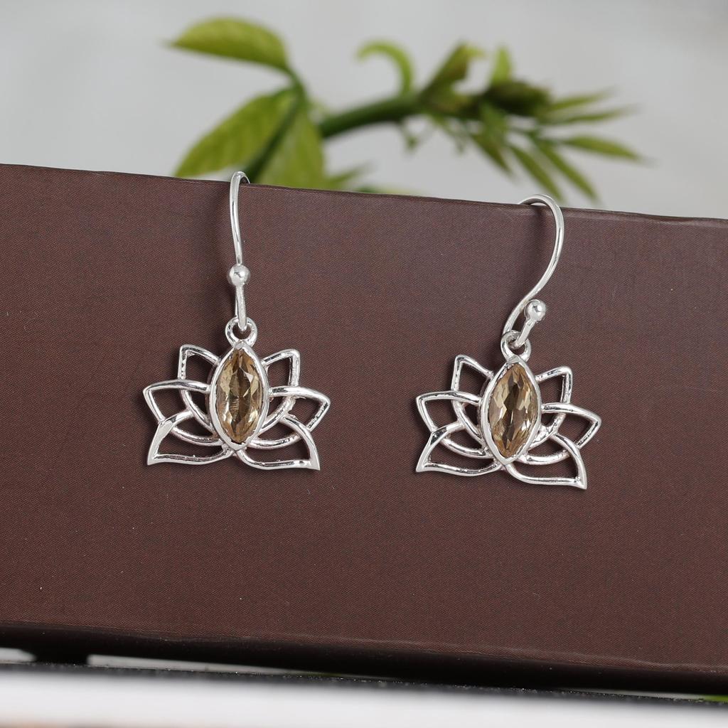 Lotus Earring, Citrine Silver Earring, Women Jewelry, 925 Sterling Silver Handmade Jewelry, Dangle Earring, Gift For Her