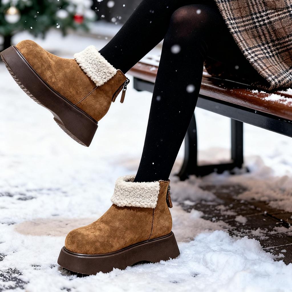 Women's Fashion Lightweight Height-enhancing Soft Sole Winter Warm One-step Fur One Snow Boots Velvet Lined Non-slip Casual Sports Cotton Boots