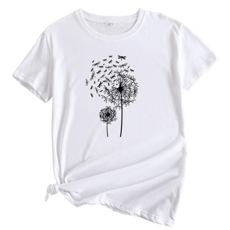Summer Round Neck Dandelion Dragonfly Pattern Printed Top Fashionable Casual Short Sleeved Women's Pure Cotton T-shirts