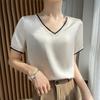 T-shirt da donna estiva T-shirt a maniche corte in raso di seta con scollo a V in seta di gelso corta e ampia