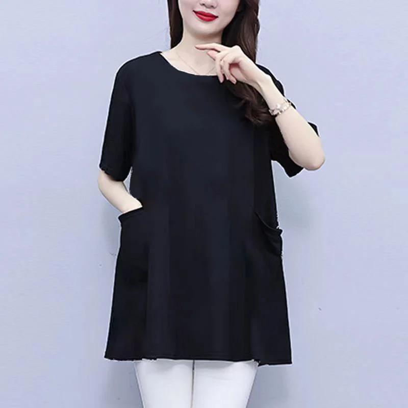 

Pure Cotton Summer New Style Short-sleeved Women s Fashionable Loose Mid-length Top 5XL