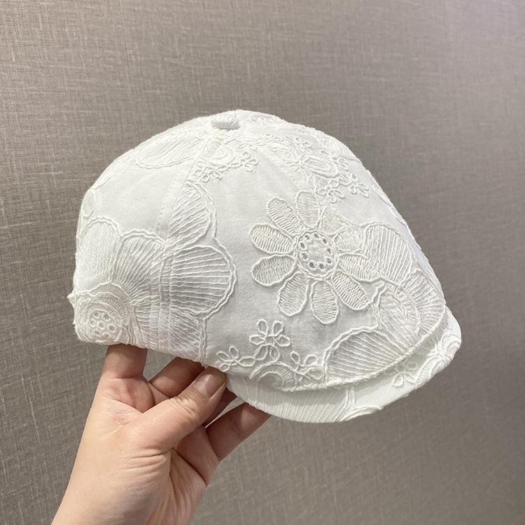 Thin Embroidered Flower Forward Hat Children Spring and Summer Literary and Retro Versatile Breathable Face Ducktongue Beret