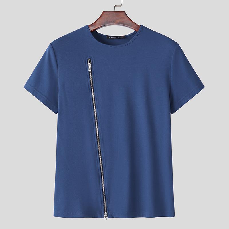 

INCERUN Men Round Neck Short Sleeve Zip-up Hem Casual Slim Summer T-shirts Tops S синий