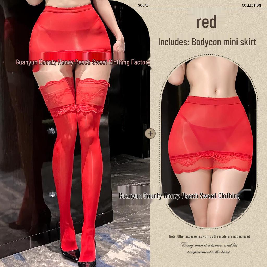 Seductive Sheer Hip-Hugging Miniskirt with Lace Trim and Over-the-Knee Black Stockings