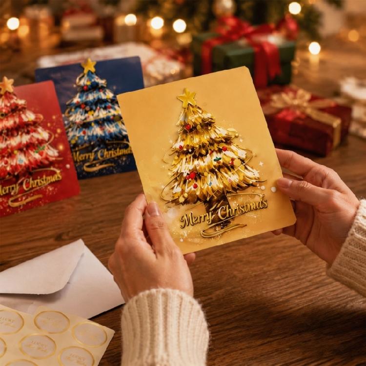 No-Assembly 3D Christmas Greeting Cards, 12 Decorated Tree Cards with Matching Envelopes and Seals for Seasonal Presenting or Mailing