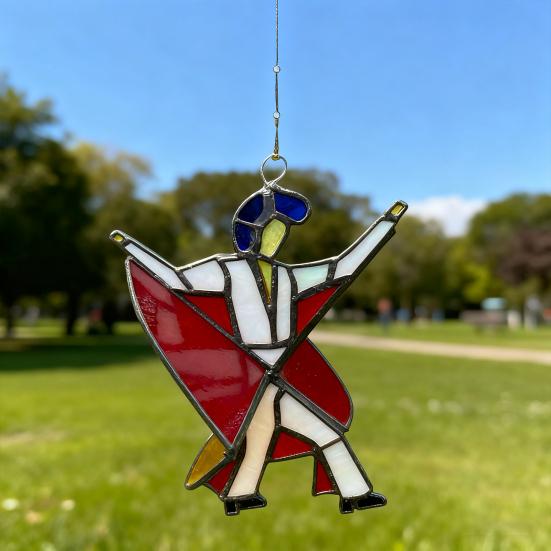 Dancing King Hanging Decoration Stained Glass Style Spinner Kinetic Acrylic Hanging Ornament for Window Porch Garden Artistic Housewarming Gift
