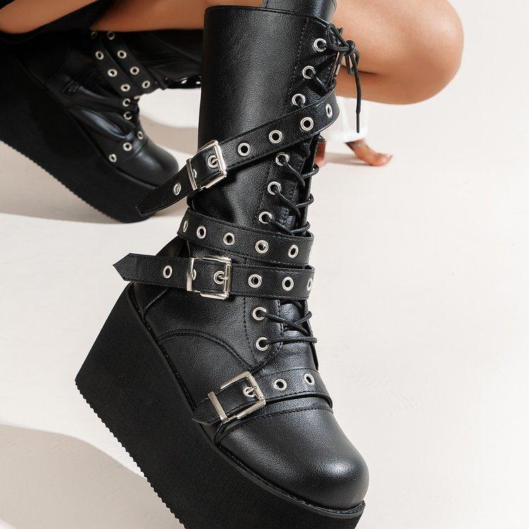 Large size medium tube locomotive lace-up women's boots thick sole heightening JK wind tooling boots temu women