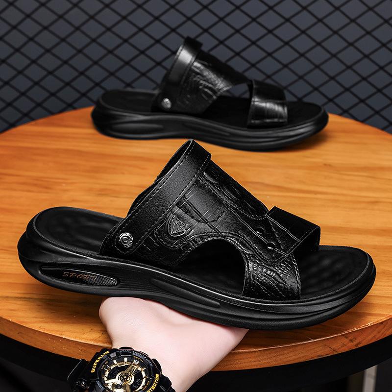 Slippers men's 2025 summer new open-toed leather slippers men's casual fashion wading beach cool slippers tide