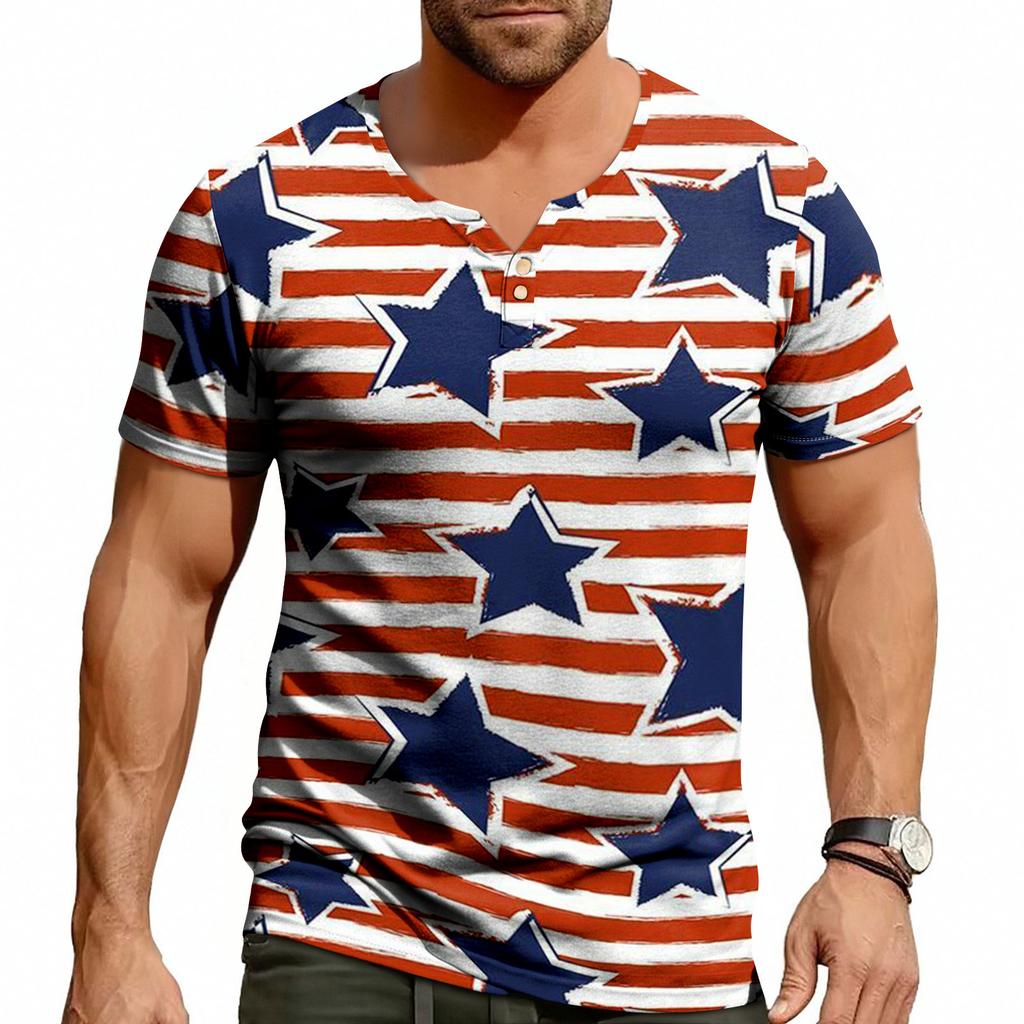 Men's Casual Summer V-neck Short Sleeved Top With Buttons, Independent Day Print Short Sleeved Top