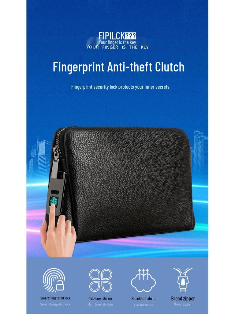 Men's Genuine Leather Clutch with Waterproof, Anti-Theft, Smart Fingerprint Lock