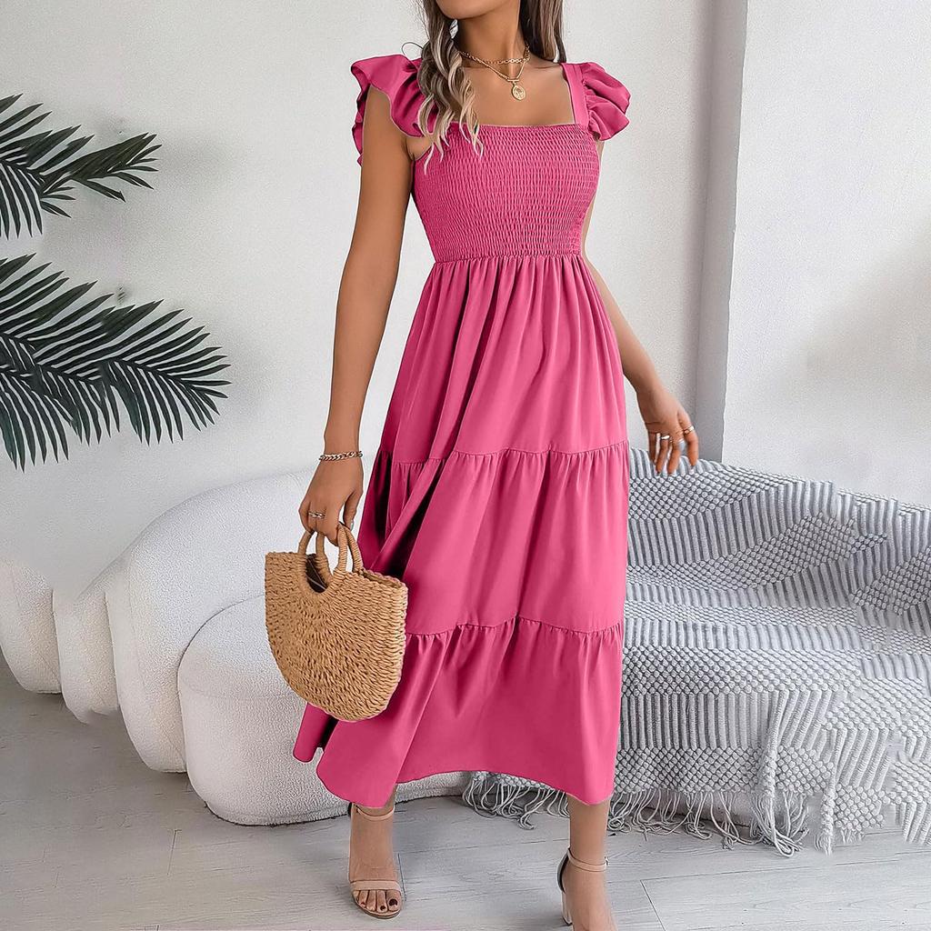 Women's Square-Neck Ruffled Short-Sleeve Zipper Fashion Casual Fitted Bodycon Dress