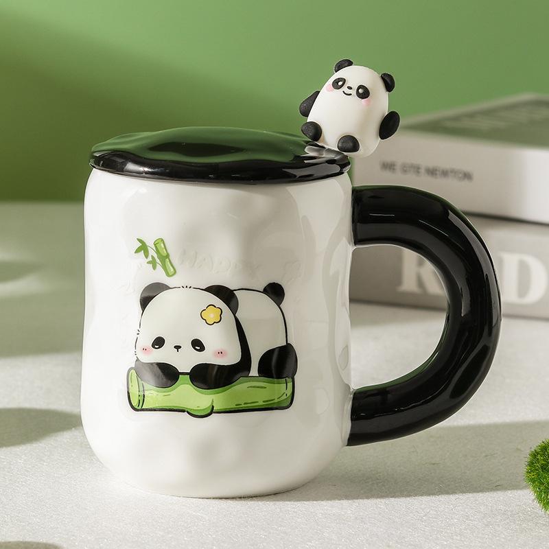 Hochwertige Niedliche Panda Keramiktasse für Mädchen Becher mit Deckel Löffel für Paare mit großem Fassungsvermögen Trinkwasser für den Haushaltsgebrauch