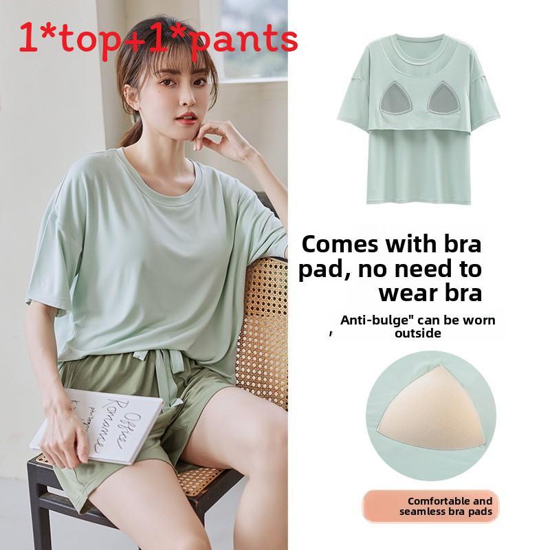 Womens Summer Sleep Suit With Round Neck Short Sleeve Top And Shorts For Relaxed Lounge Wear