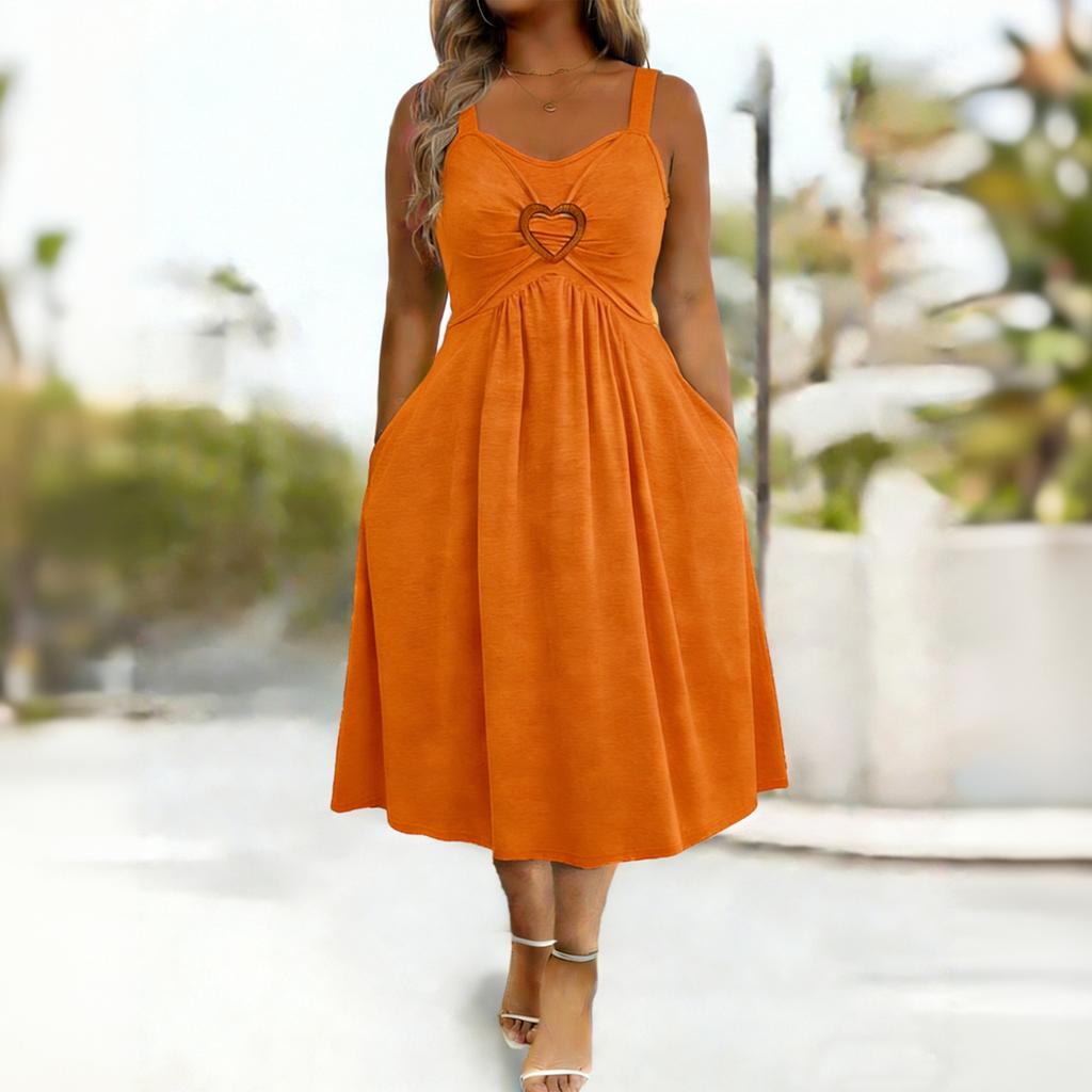 Women’s Sleeveless V Neck Heart Button Strap Dress with Flared Hem and Relaxed Fit for Casual and Daily Wear