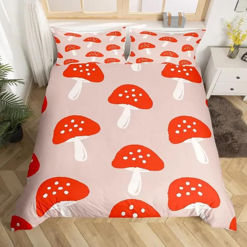 Cute Mushroom Duvet Cover Set Microfiber Hippie Theme Exotic Plant Mushrooms Bedding Set Kawaii Fungus Comforter Cover Twin King