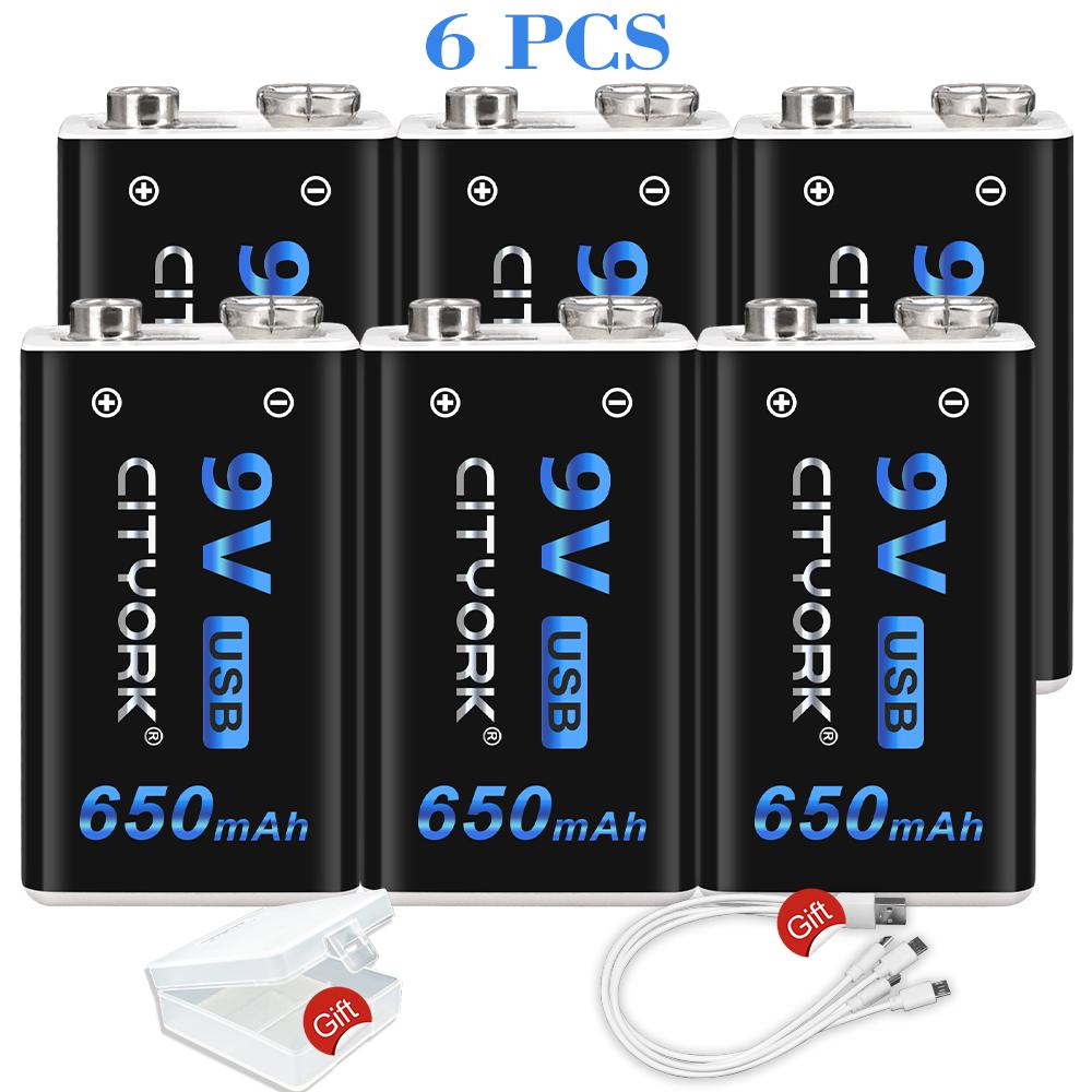 Cityork 9V 650mAh Li-ion Rechargeable Battery Micro USB Batteries 9V Lithium Batteries for Multimeter Toys Remote Control