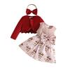 Toddler Girl Christmas Party Dress Set 3-Piece Velvet Cardigan with Headband for Holiday Photo Shoot Outfit