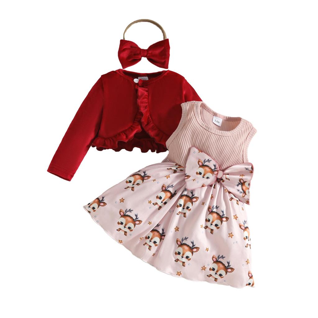 Toddler Girl Christmas Party Dress Set 3-Piece Velvet Cardigan with Headband for Holiday Photo Shoot Outfit