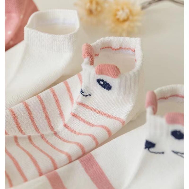 5 Pairs Womens Socks Kitty Crew Short Socks Creative Printing Socks Cartoon Cute Kitten Ankle Sock