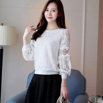 Blusas elegantes con cuentas de manga larga para mujer, Tops con cuello redondo, blusa de encaje calada, camisa, ropa de mujer