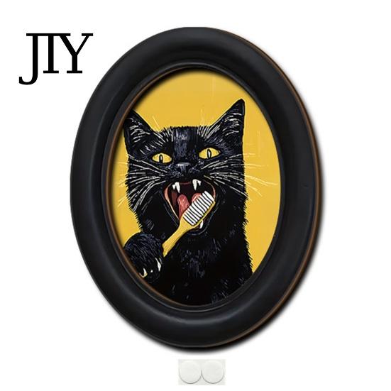 Modern Wood Wall Decoration Abstract Art Cat Decor, Oval 2D Framed Funny Painting Contemporary Birch Print, Vintage Ornament for Living Room