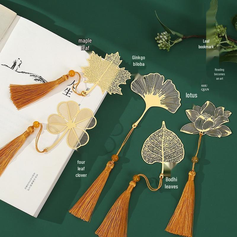 JINGRUIXIANG Chinese Style Brass Hollow Leaf Bookmark Set