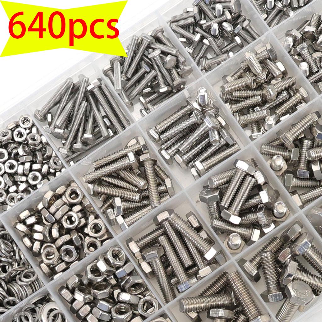 640pcs Stainless Steel Hex Bolt, Nut, and Washer Set, M3-M4-M5-M6 Full Thread, Grade 8.8/10.9, SUS, A2/A4 Marine Grade.