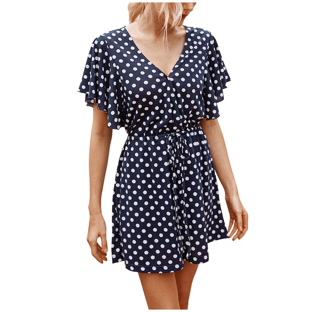 

(SU)Women Fashion Dot Print V-Neck Short Sleeve Playsuit Casual Short Jumpsuit