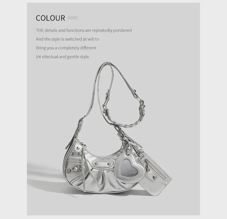 Geantă de motocicletă plisată Crescent pentru femei 2023, cu nituri și ciucuri