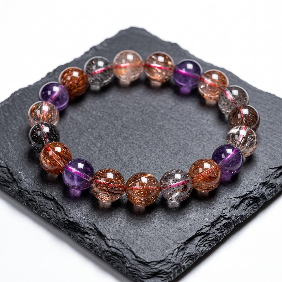 Multicolor Round Bead Bracelet, Purple and Copper-Tone Patterned Beads, Boho Layering Jewelry Gift for Women