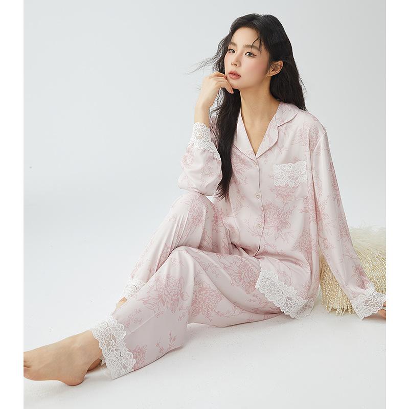 Pajamas women's spring 11 new ice silk lace big flower high-end loungewear women's summer one