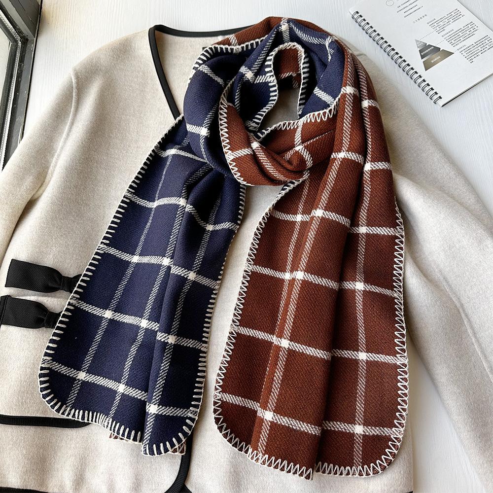 Double sided Scarf for Women in Autumn and Winter Korean Style Checkered Imitation Cashmere Neck Scarf with Edge Thickened and High End Shawl Trend