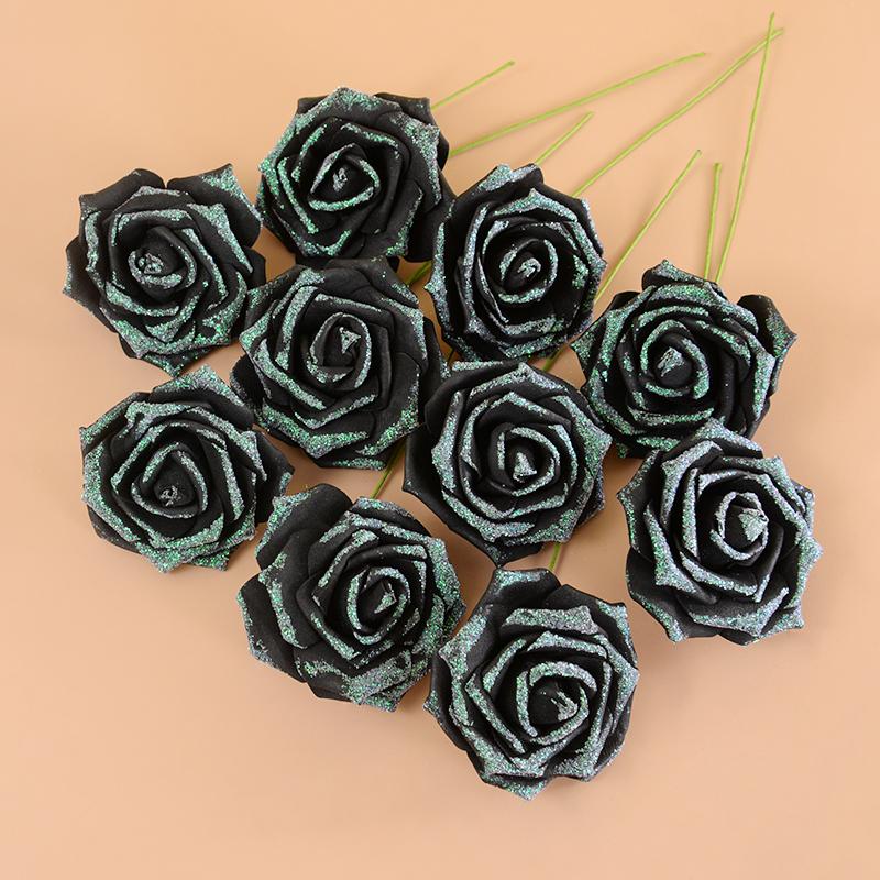 10/20Pcs Artificial Rose Flowers with Stem Foam Glitter Fake Flower Bouquet Wedding Party Centerpieces Home Garden Decoration