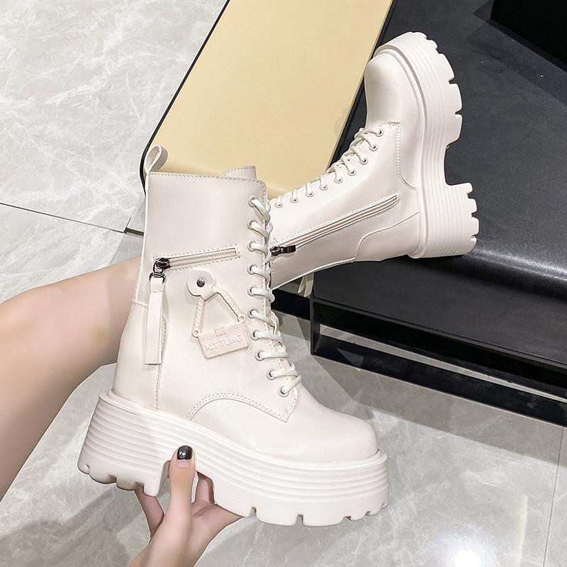 Women's Shoes  High Quality Lace Up Women's Boots Winter British Style Round Toe Solid Middle Tube Platform Fashion Boots
