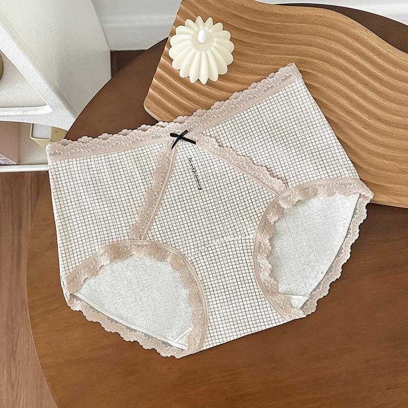 Ladies Summer Gentle Lace Stitching Jacquard Cotton Color Yarn 10A Bacteriostatic Crotch Mid Waist Triangle Briefs