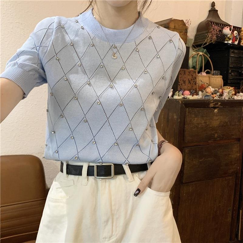 Women Diamond Grid Rhinestone Knit T-shirt Crew Neck Short Sleeve Fitted Casual Sweater