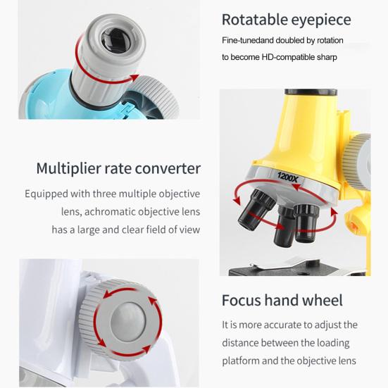 1 Set Adjustable Focus LED Fill Light Optical PMMA Lens High Multiple Student Microscope 100X/600X/1200X Handheld Optical Microscope Kit Laboratory