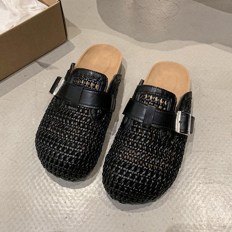 2025 summer new woven fabric belt buckle half drag mesh surface woven comfortable soft bottom slippers bag head slippers