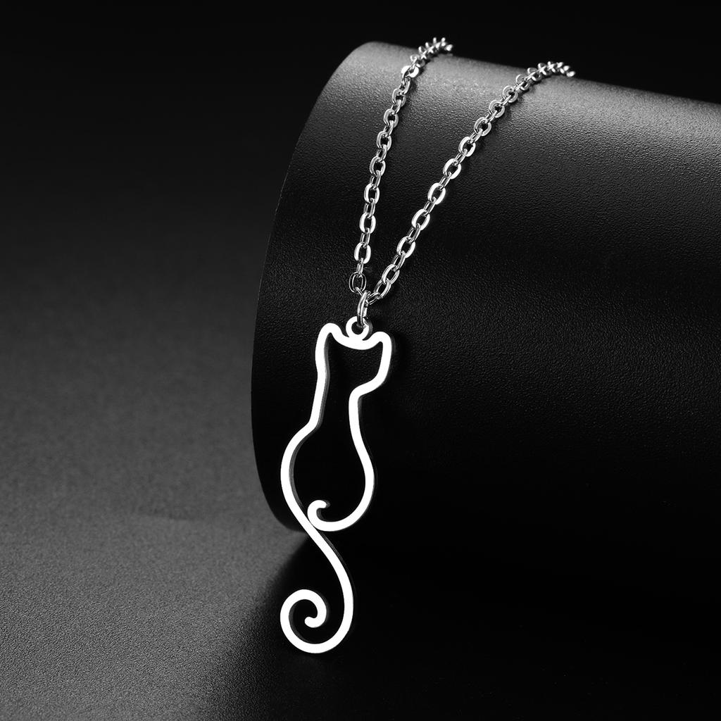 Lemegeton Long Tail Cute Cat Charm Pendant Necklace for Women Girls Animal Kitten Stainless Steel Necklace Jewelry Gift