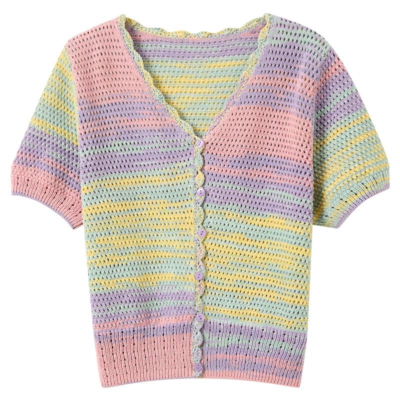 Sancai 2025 Summer Wave V-Neck Gradient Hollow Knit Cardigan