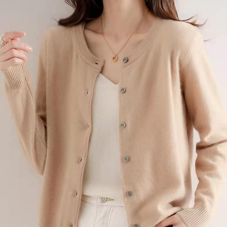 Herbst- und Winterstrickjacke Damen Lockerer Pullover Rundhalsjacke Lässige Strickjacke Einfarbiges Basisstrickjacken-Jacket