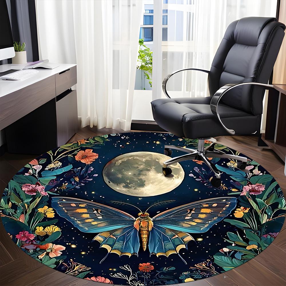 1pc Butterfly Moon Office Round Area Rug, Under Office Chairs Bedroom Living Room Home Decor, Room Deco