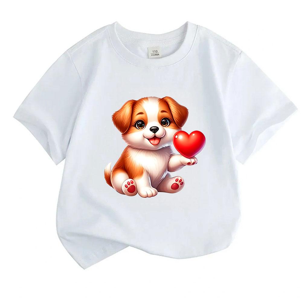 Kids Boys Girls 100% Cotton Crew Neck Short Sleeve T-Shirt, Cute Cartoon Puppy Hold Red Heart Print Soft Casual Tees for Children Summer Daily Wear To